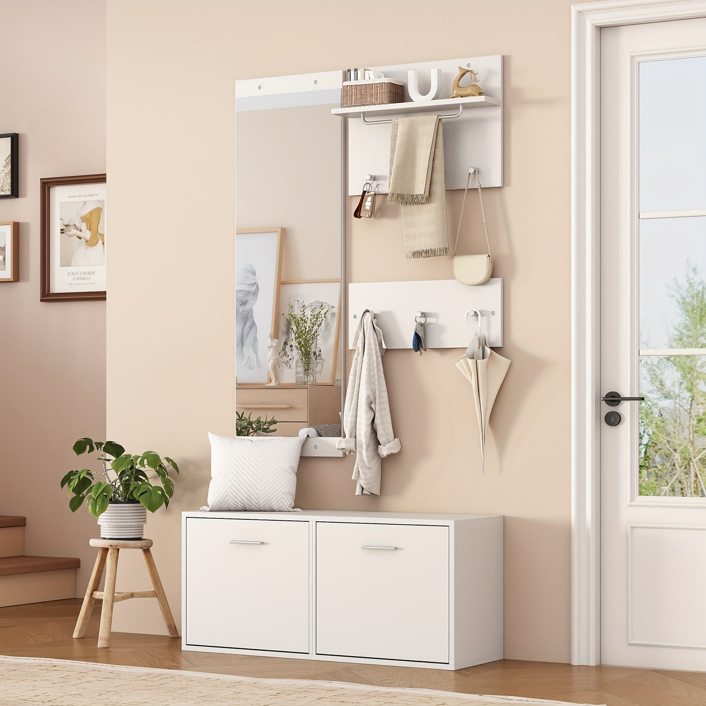 4pcs White Modern Classic Entryway Hallway Wardrobe Set with Mirror, 2 Hat Racks, Shoe Cabinet & 6 Coat Hooks - Space-Saving Compact Storage Cabinet with Doors, Easy Assembly, Floor-Standing Design for Small Spaces, Apartment