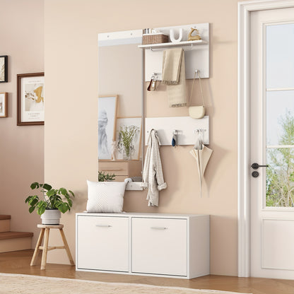 4pcs White Modern Classic Entryway Hallway Wardrobe Set with Mirror, 2 Hat Racks, Shoe Cabinet & 6 Coat Hooks - Space-Saving Compact Storage Cabinet with Doors, Easy Assembly, Floor-Standing Design for Small Spaces, Apartment