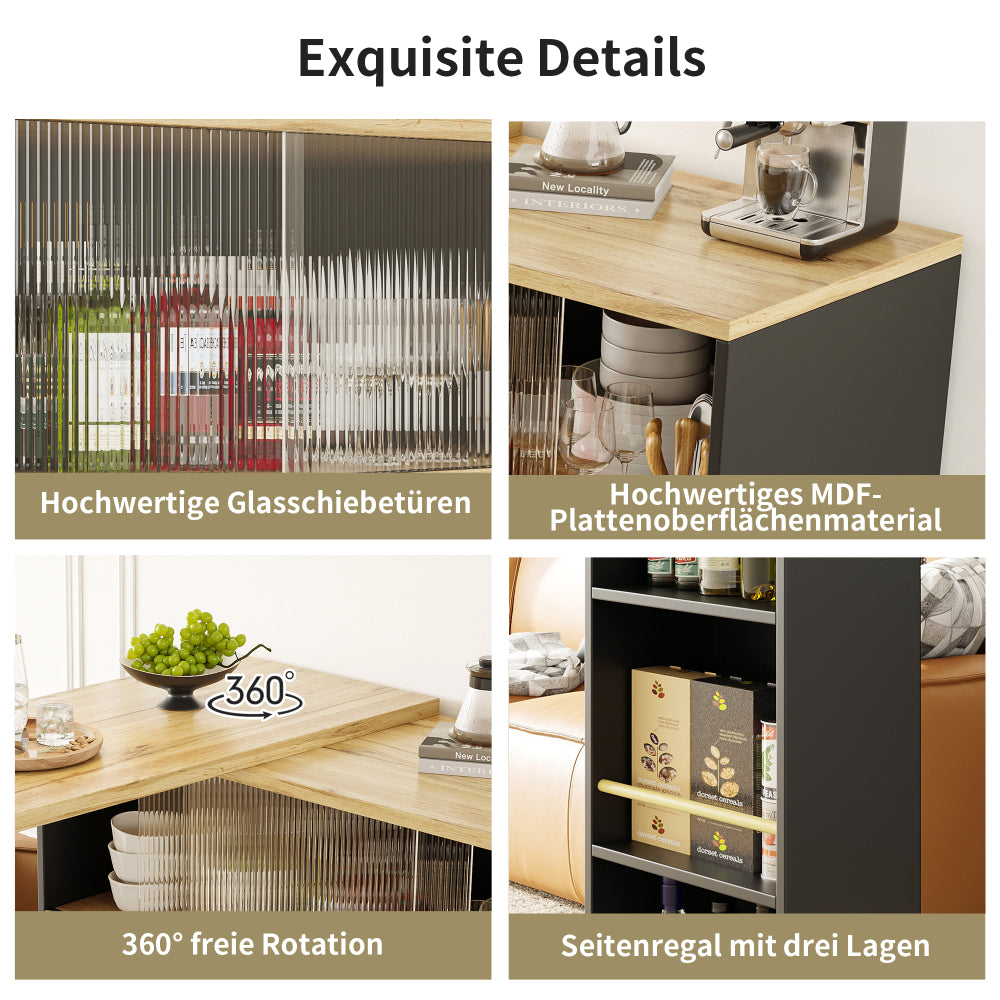 Modern 360° Rotating Bar Table with Glass Shelves - Multifunctional Kitchen & Dining Sideboard, 90x45x100cm, Easy Assembly, No Power Needed, Sleek Black Design for Contemporary Spaces, Kitchen Storage Solution, Minimalist Fu