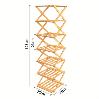 Schoenenkast – Schoenenrek – Schoenenopberger – Schoenenrekje – Hal Organizer – 7 Lagen – Opvouwbaar – Bamboe & Kunstboard – Smal & Vrijstaand – 25x25x125 cm