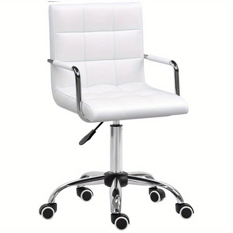 Adjustable Height Ergonomic Office Chair with 5-Wheel Swivel Base, Height-Adjustable Mechanism & Lumbar Support - Heavy-Duty Metal Frame, White Retro Modern Design Computer Desk Chair with Padded Armrests, 54.5cm Seat Height,
