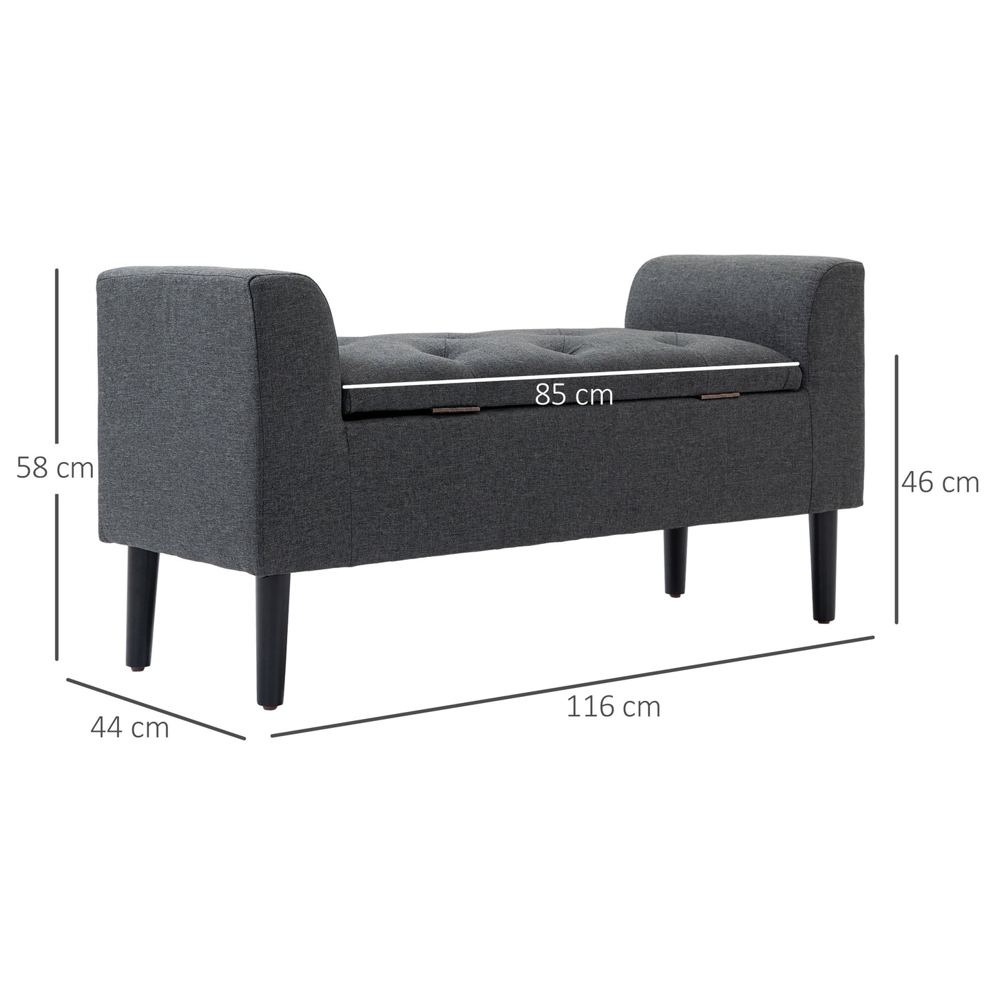Opbergbank – Zitbank – Opslagbank – Banken – Poef – Linnen Bekleding – Houten Poten – 130 kg Draagvermogen – 116x44x58 cm – Donkergrijs