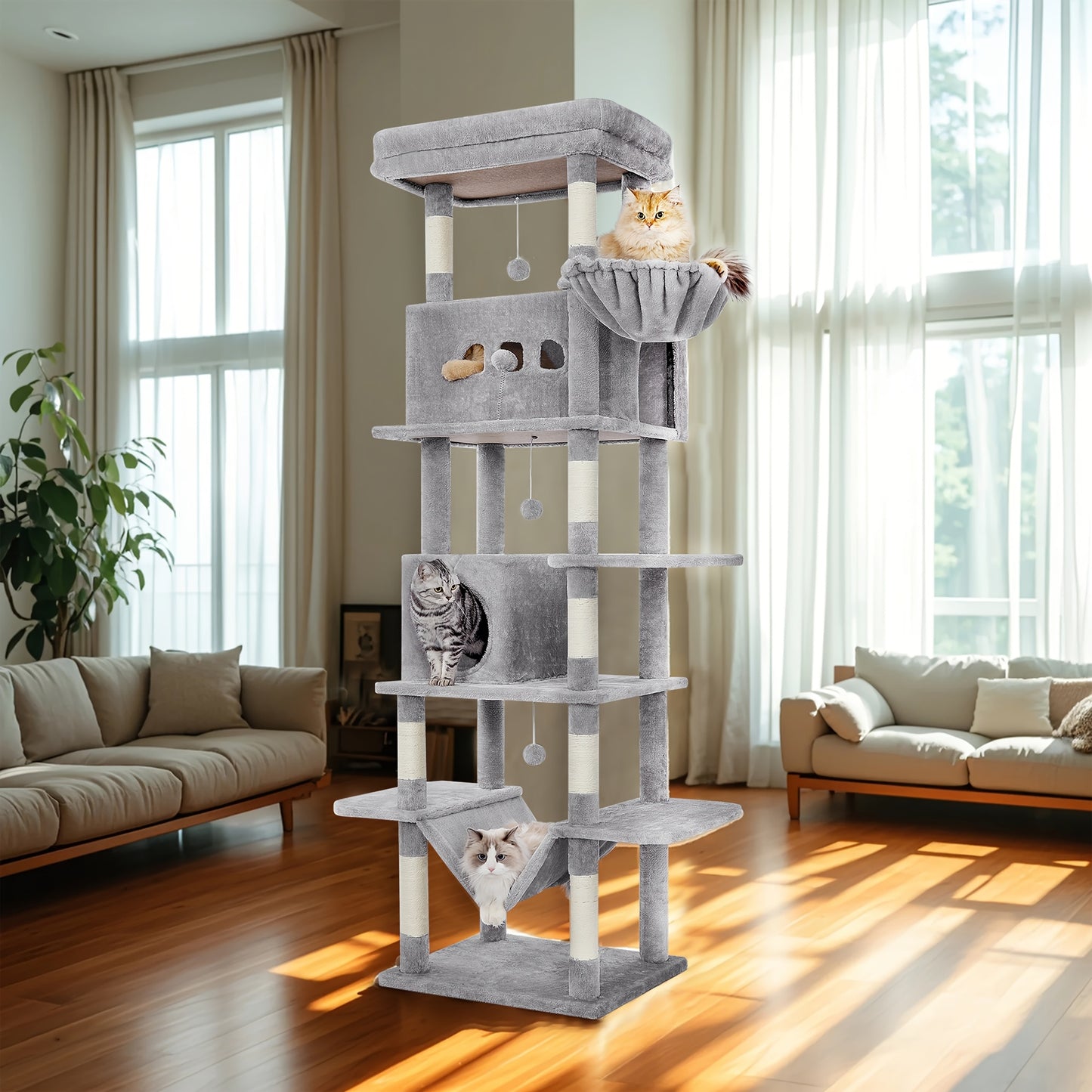Kattenboom – Krabpaal – Klimpaal – Kattenhuis – Krabmeubel – 210 cm Hoog – 8 Sisal Krabpalen – Lichtgrijs – Met Hangmat en Wasbaar Platform