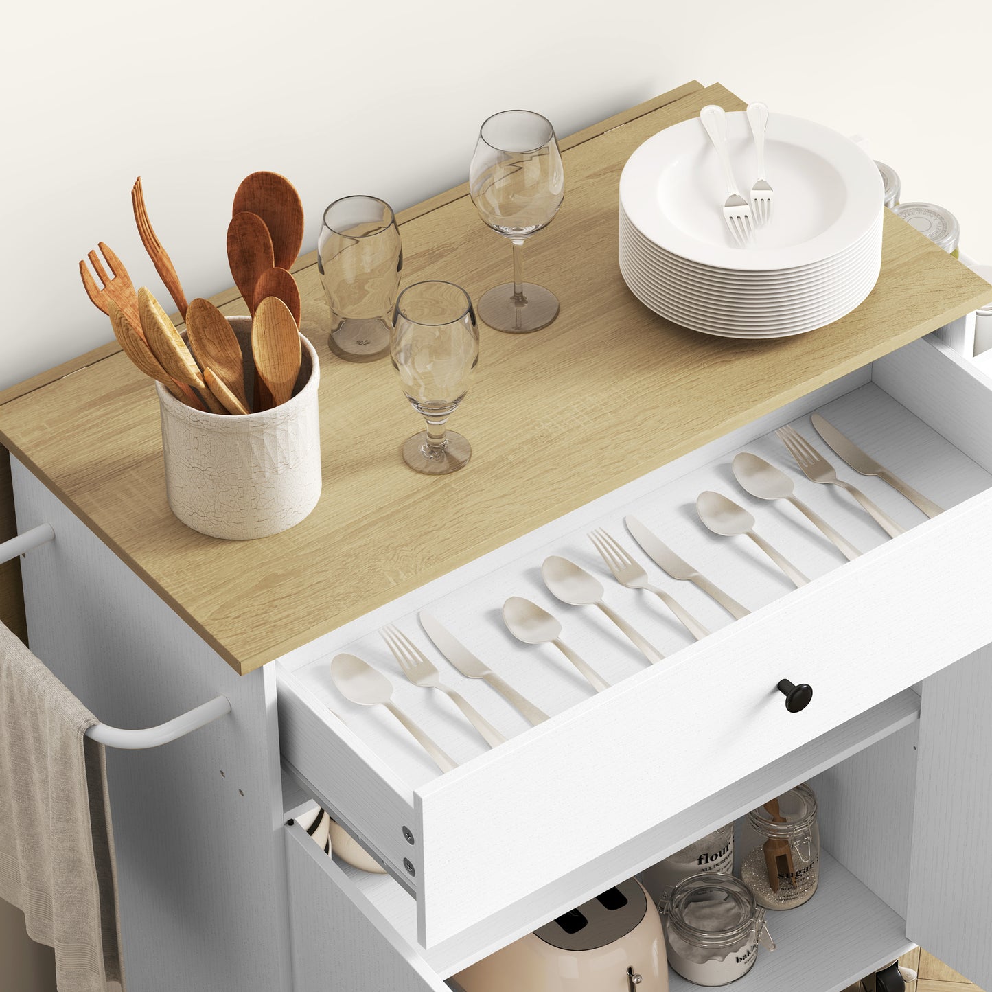Keukentrolley – Serveerwagen – Keukenwagen – Keukenrek – Keukeneiland – Uitschuifbaar Werkblad – Verstelbare Plank – Wit – 106x42x87 cm