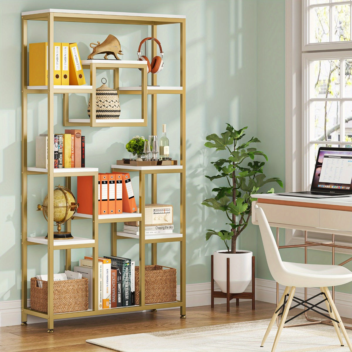 Golden & White 180.34cm Modern Tall Bookshelf - 11-Tier Large Heavy-Duty Bookcase with Geometric Cubed Design, Freestanding Open Shelving Unit, Sturdy Engineered Wood Construction, 68.58cm+ Height & 22.68 KG/Shelf Capacity, S