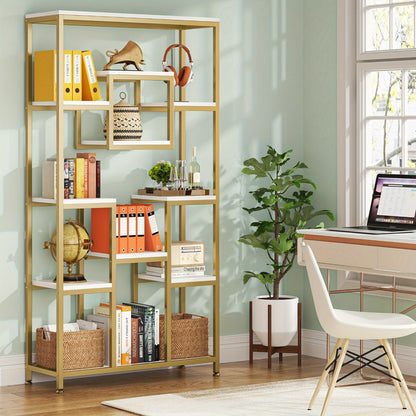 Golden & White 180.34cm Modern Tall Bookshelf - 11-Tier Large Heavy-Duty Bookcase with Geometric Cubed Design, Freestanding Open Shelving Unit, Sturdy Engineered Wood Construction, 68.58cm+ Height & 22.68 KG/Shelf Capacity, S