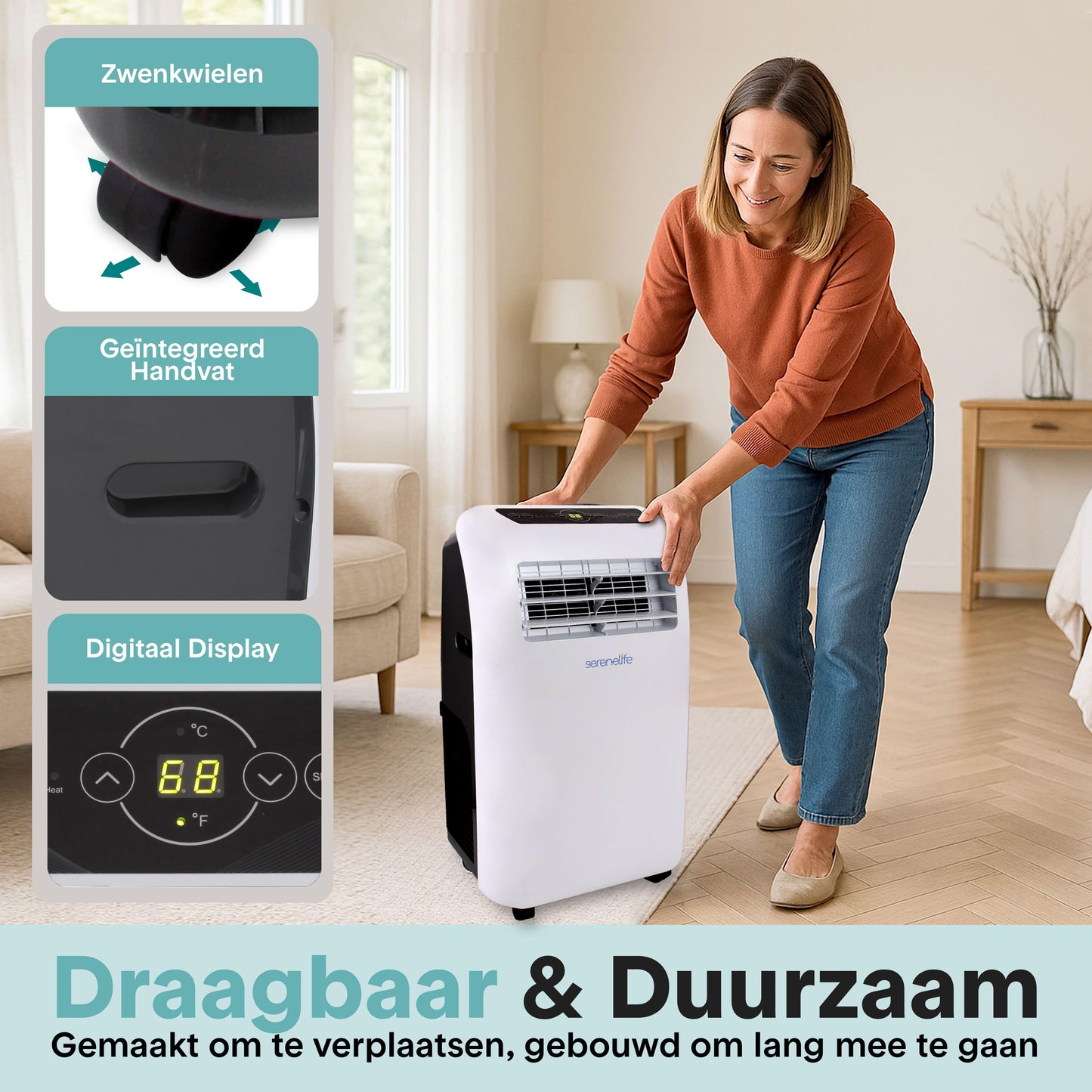 Mobiele Airconditioner – Draagbare Airco – Verplaatsbare Koeler – Mobiele Ventilator – 3-in-1 Klimaatbeheersing – 9.000 BTU Koeling – Ingebouwde Ontvochtiger met Afstandsbediening