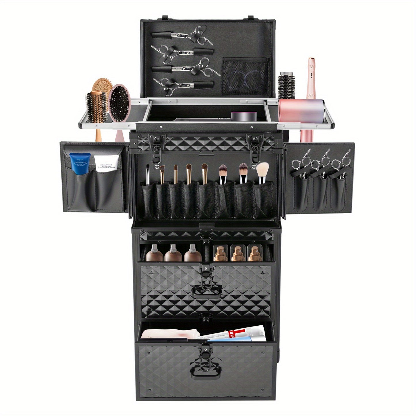 Make-up Koffer – Make-up Trolley – Cosmetica Organizer – Make-up Case – Make-up Trolley Op Wielen – 4 Lagen Indeling – Duurzaam Aluminium Zwart