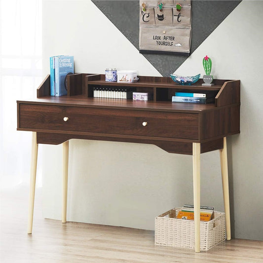 Computerbureau – Bureau – Werkplek – Schrijftafel – Studietafel – Massief Hout – Lade Met Opbergruimte – 110 Cm – Bruin