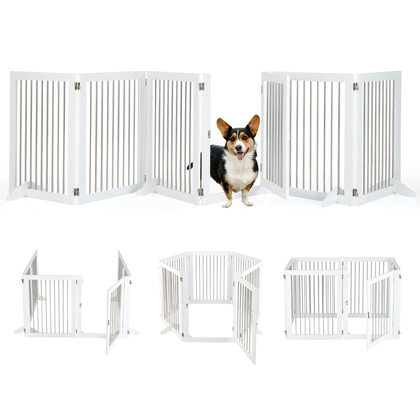 Hondenhek – Hondenren – Puppyhek – Traphekje – Loophekje – Vrijstaand – 6 Panelen Met Deur – 80 cm Hoog – Opvouwbaar – Wit – RVS & Hout – Extra Stevige Steunen