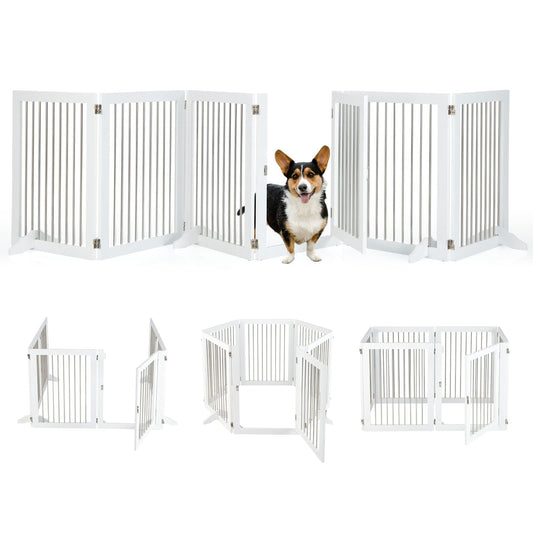 Hondenhek – Hondenren – Puppyhek – Traphekje – Loophekje – Vrijstaand – 6 Panelen Met Deur – 80 cm Hoog – Opvouwbaar – Wit – RVS & Hout – Extra Stevige Steunen