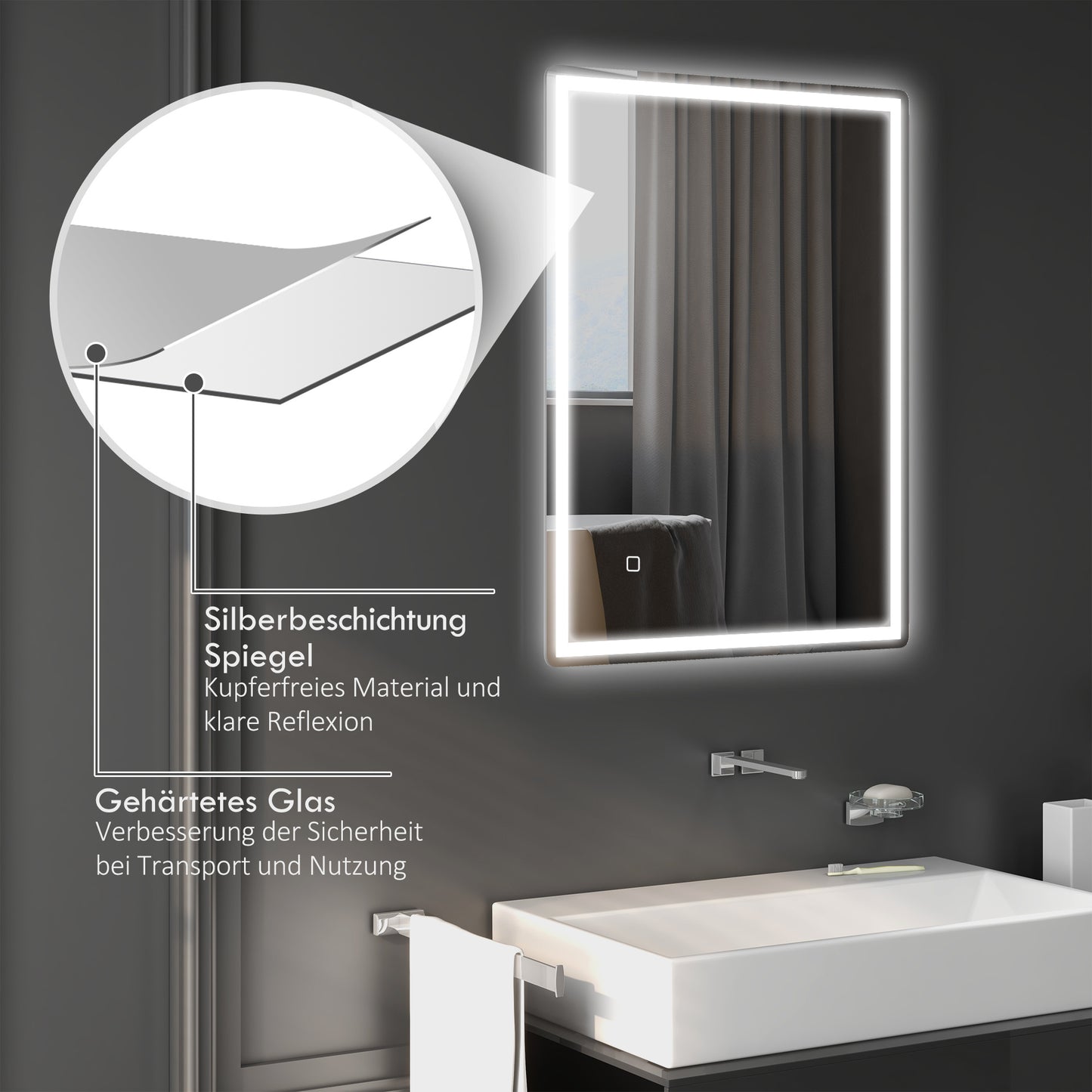 LED Badkamerspiegel – Spiegel, Wandspiegel, Make-up Spiegel, Badkamermeubel Spiegel – Variant Wit – Touchschakelaar – Anti-Dampfunctie – 60 x 80 x 4 cm