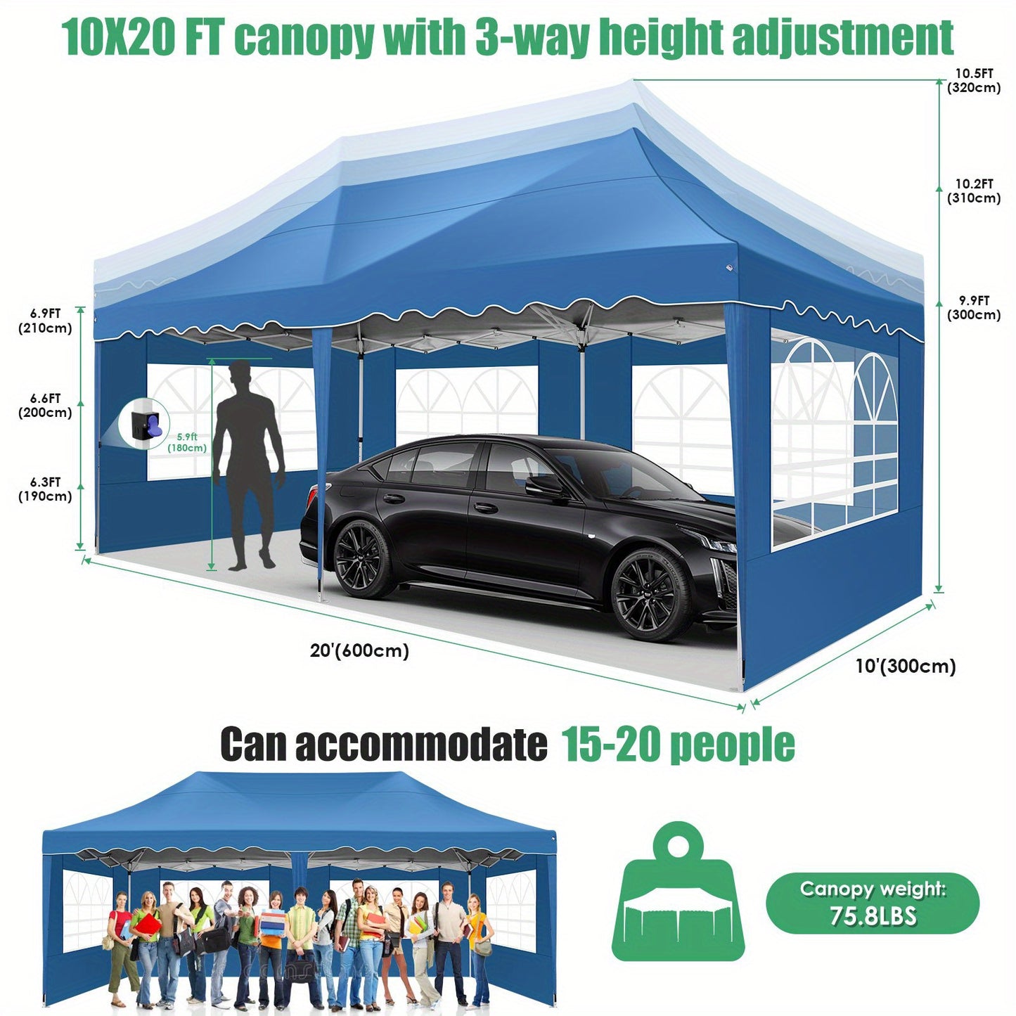 3.05x 6.1meter Canopy with Side Walls, Pop-up Tent, Party Tent with Roller Bag And 4 Sandbags, Easy to Install, Sunproof, Suitable for Camping, Picnics, Barbecues, Parties