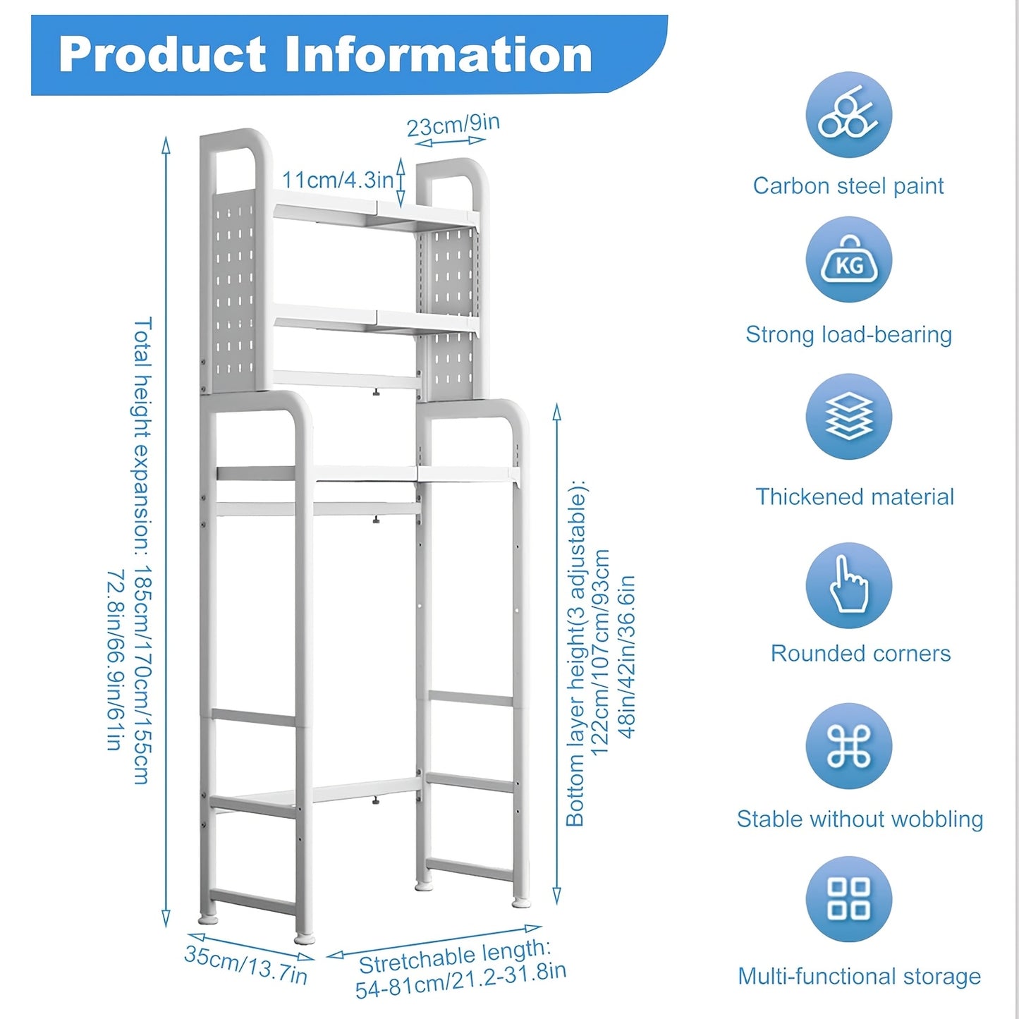Opbergrek Wasruimte – Wasmachine Rek – Opslagrek – Badkamerrek – Stelling – Verstelbaar 155-185 cm – Metalen Staal – Antislipvoeten – 3 Planken – Wit