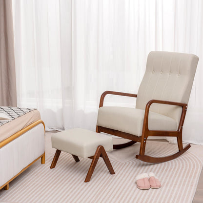 Wiegstoel – Schommelstoel – Rocker Stoel – Relaxstoel – Fauteuil – Stoffen Bekleding – Stevig Rubberhout Frame – Ottomane Met Voetensteun – Mid Century Modern – Beige