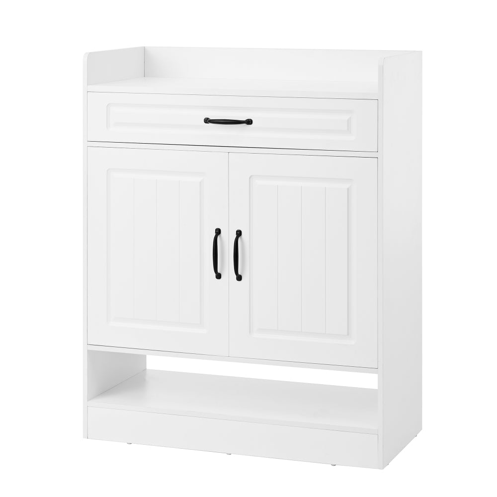 Modern White Metal Shoe Cabinet with Adjustable Shelves, 2 Doors & Drawer - Space-Saving Vertical Storage Organizer with Black Frame, Golden-Toned Hardware, Compact Design for Entryway, Hallway, Small Spaces - Durable Metal C