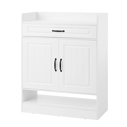 Modern White Metal Shoe Cabinet with Adjustable Shelves, 2 Doors & Drawer - Space-Saving Vertical Storage Organizer with Black Frame, Golden-Toned Hardware, Compact Design for Entryway, Hallway, Small Spaces - Durable Metal C