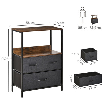 Ladekast – Dressoir – Opbergkast – Kledingkast – Vintage Meubel – Zwart Metalen Frame – Verstelbare Voeten – Stoffen Laden – MDF Plank