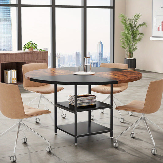Vergadertafel – Conferentietafel – Bureautafel – Trainingszaaltafel – Kantoortafel – Ronde 120 cm – Engineered Wood Met Opbergruimte – Stevige Metalen Poten – Zwart Bruin Modern Design