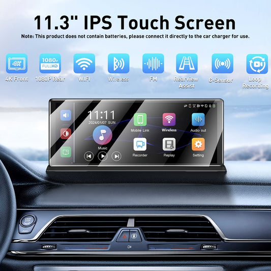 Auto-infotainmentsysteem – Auto multimedia – Auto navigatiesysteem – Auto dashboard – Autostereo – 11,3 inch touchscreen – 4K voorcamera en 1080P achteruitrijcamera