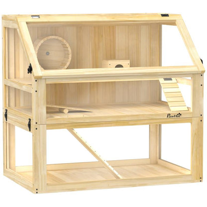 Knaagdierkooi – Hamsterkooi – Gerbilkooi – Muizenkooi – Chinchillakooi – 3-laags Houten Kooi – Ruim Met Loophelling – Natuurlijke Materialen – Goede Ventilatie