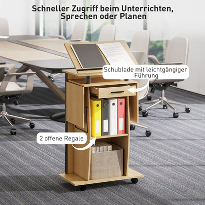 Mobiel Podium – Spreekgestoelte – Presenteertafel – Lecter – Werkplek – Eikenlook Afwerking – Inklapbare Zijpanelen – Lade en Opbergruimte