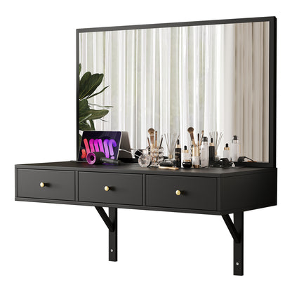 Vanity Hanging with Mirror, 3 Drawers and Power Outlets, Tablet-Card Slot, Beverage Holder; Black 100×105×45 cm (W×H×D)