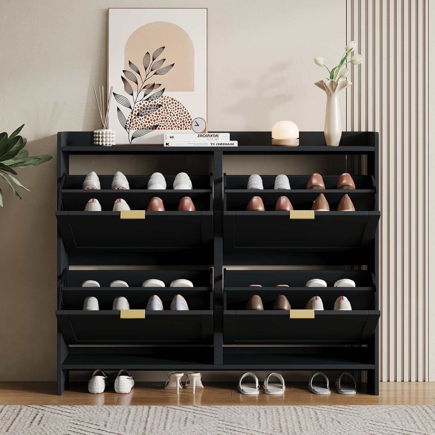 Modern shoe cabinet, with 4 folding compartments, freestanding shoe rack, open storage surfaces, suitable for entry area or hway, Black, Dimensions: W110/H90/D24 cm