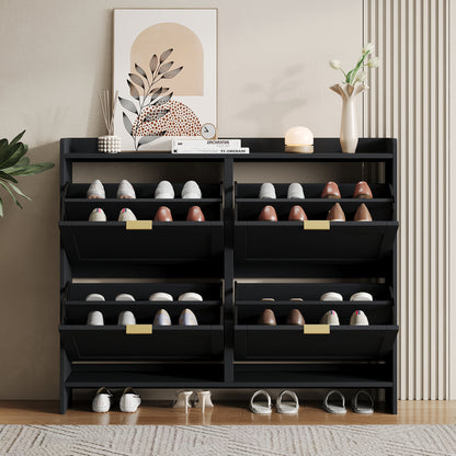 Modern shoe cabinet, with 4 folding compartments, freestanding shoe rack, open storage surfaces, suitable for entry area or hway, Black, Dimensions: W110/H90/D24 cm