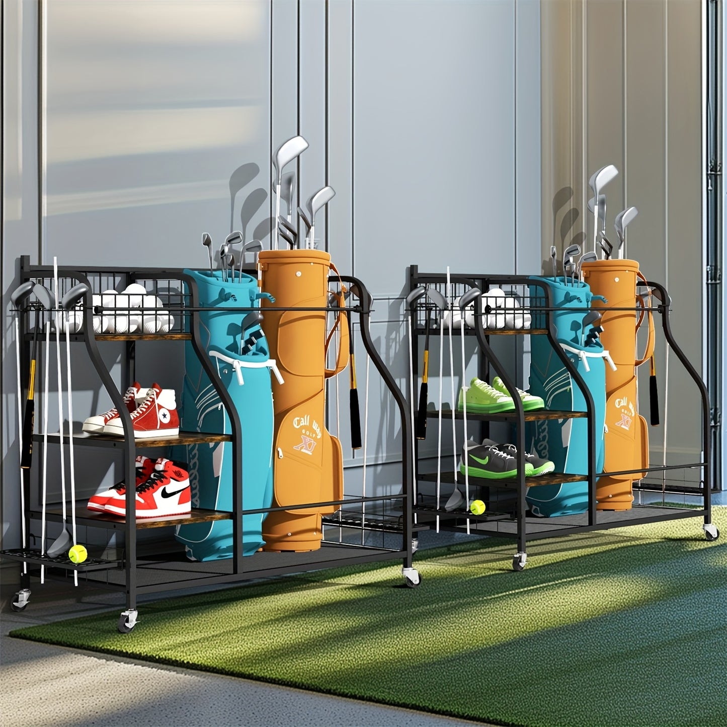 Golf Organizer – Golfopberger – Golfclubhouder – Golftasrek – Golfkar Organizer – Rolling Design Met Wieltjes – Stevig IJzer En MDF