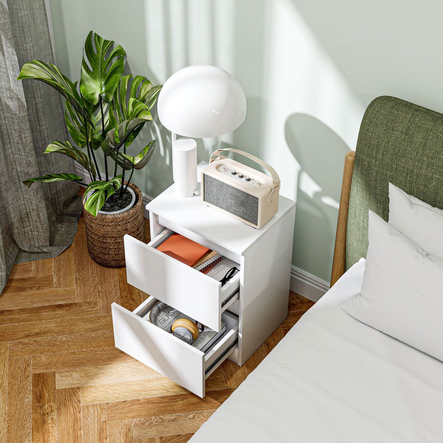 Nachttafel – Nachtkastje – Bijzettafel – Opbergmeubel – Ladeblok – Wit – 2 Ruime Lades – Hoogwaardige MDF Afwerking