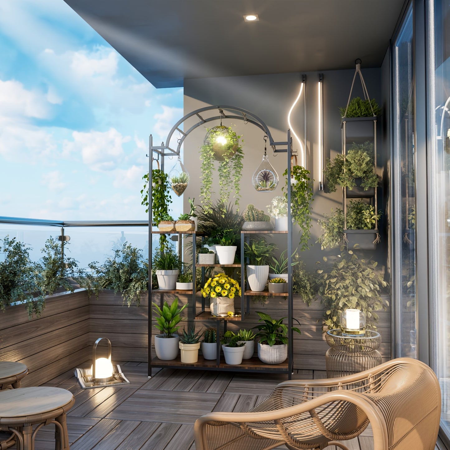 Plantenrek – Plantenstandaard – Bloemenrek – Plantentafel – Plantentrap – 7 Lagen Met Boogvorm – Metalen Frame Met Houten Plankjes