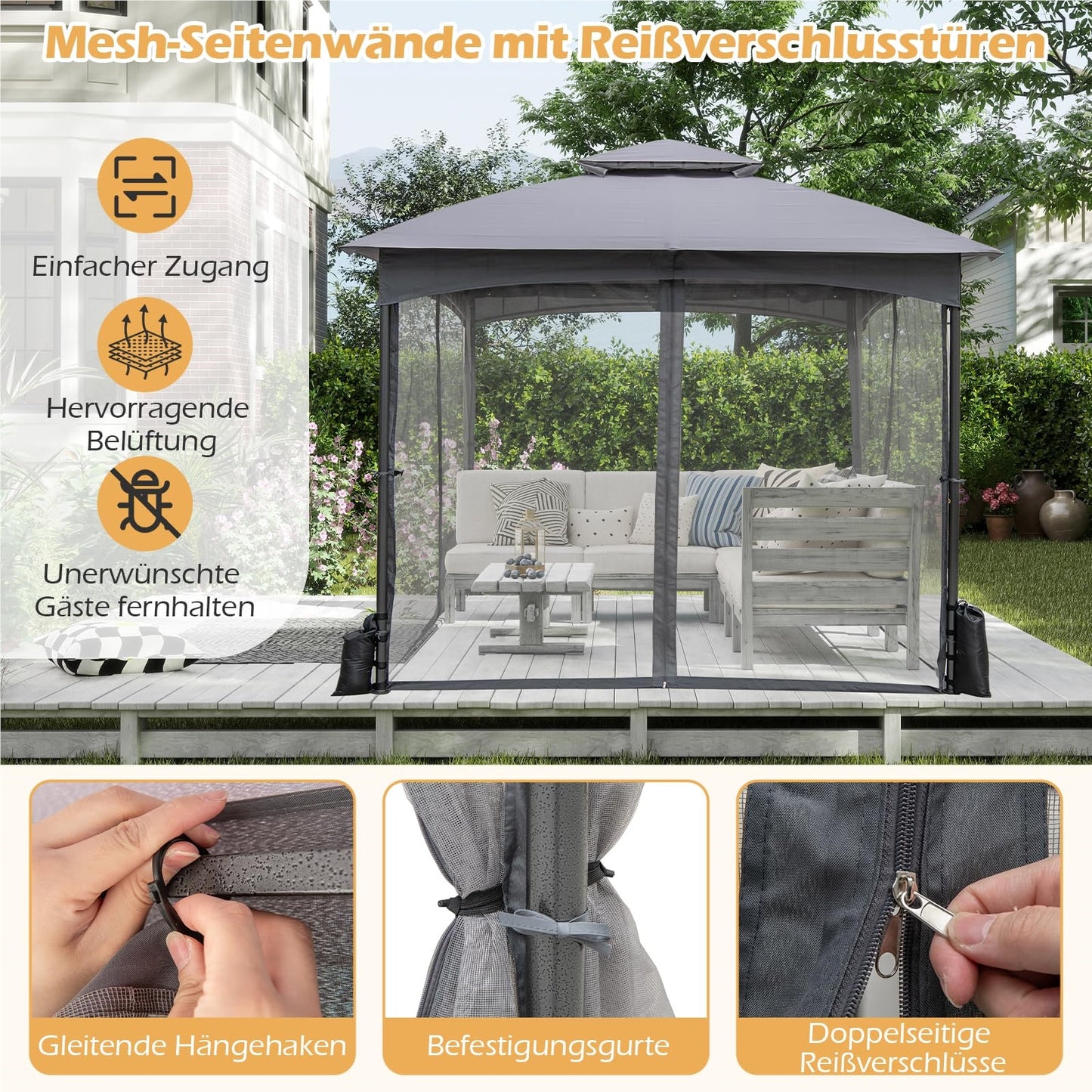 3 x 3 m Garden Gazebo with 4 Sandbags & 4 Mosquito Nets & Double Roof, Waterproof & Sturdy & Winterproof, Garden Tent with Hooks, Party Tent for Terrace & Garden (Gray)