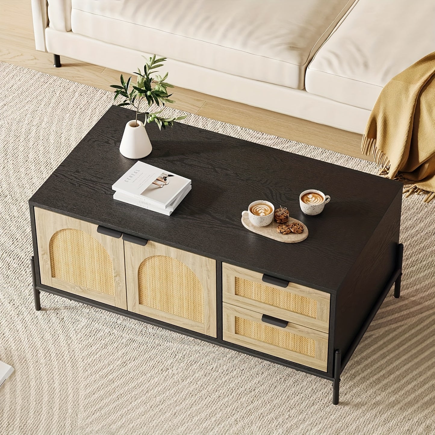 Salontafel – Koffietafel – Bijzettafel – Woonkamertafel – Banktafel – Mid-Century Modern Riet – MDF & Metaal – Verstelbare Poten