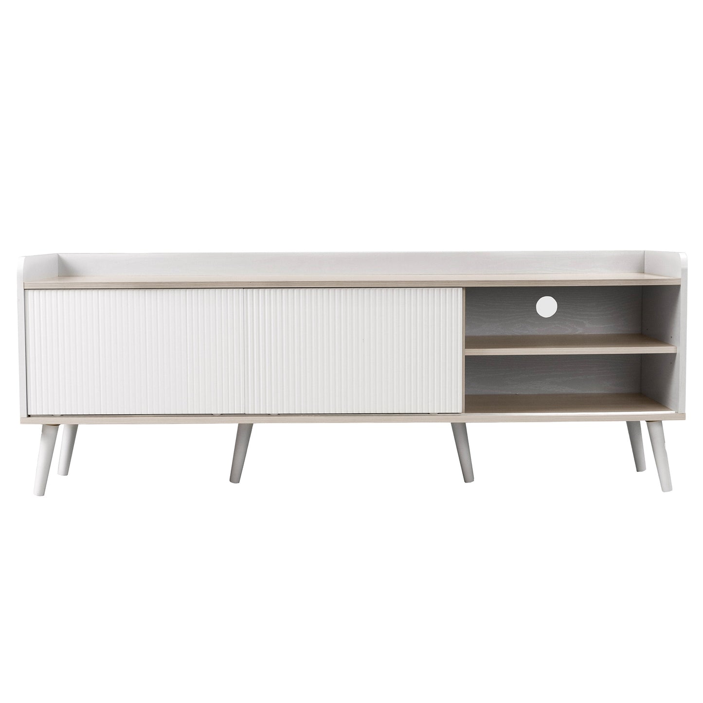 Tv-meubel – Tv-kast – Lowboard – Mediameubel – Tv-dressoir – Wit en Houtlook – 160 cm Breedte – Gestreepte Schuifdeuren met Lades