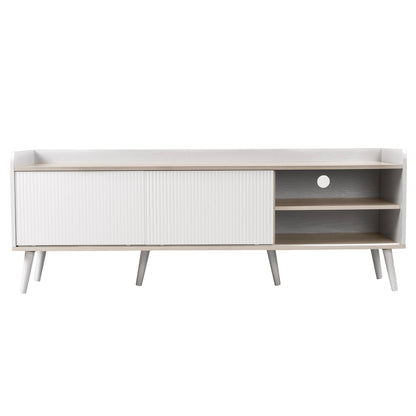 Tv-meubel – Tv-kast – Lowboard – Mediameubel – Tv-dressoir – Wit en Houtlook – 160 cm Breedte – Gestreepte Schuifdeuren met Lades