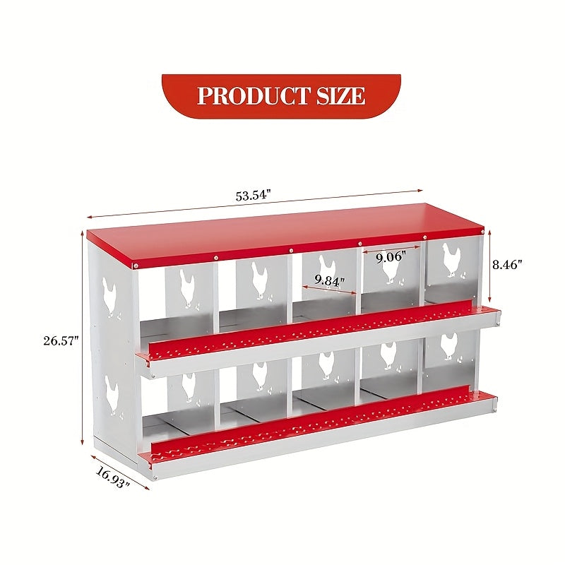 Metal Chicken Nesting Box with Roll-Out Egg Collection, Perch & Vented Holes - Wall-Mountable or Floor-Standing Heavy-Duty Laying Box with Red Roof & Body, Ventilation System, Easy-Clean Design for Indoor/Outdoor Use, Fits Al