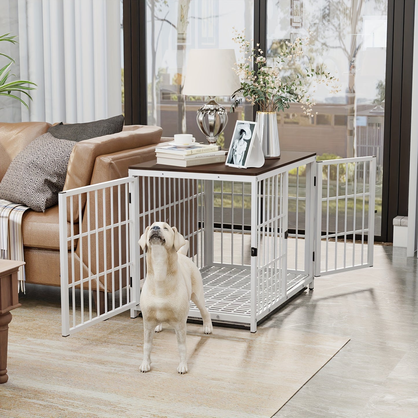 Stylish Wooden Dog Crate with 3 Doors & Removable Tray – Modern Pet Kennel End Table for Small to Large Dogs, Black or White, M/L/XL Sizes Available, Dog Crate Furniture