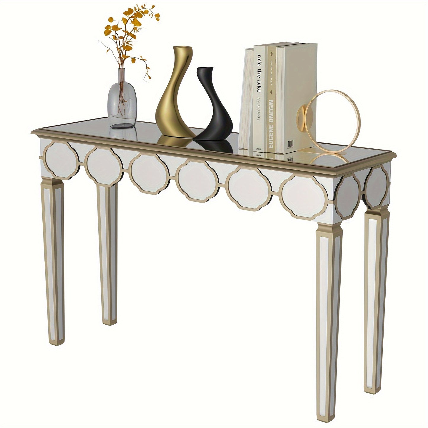 Spiegelconsole – Sidetable – Kaptafel – Haltafel – Make-uptafel – Luxe Design – Groot Formaat 120x35x76 cm – Lichtgouden Frame