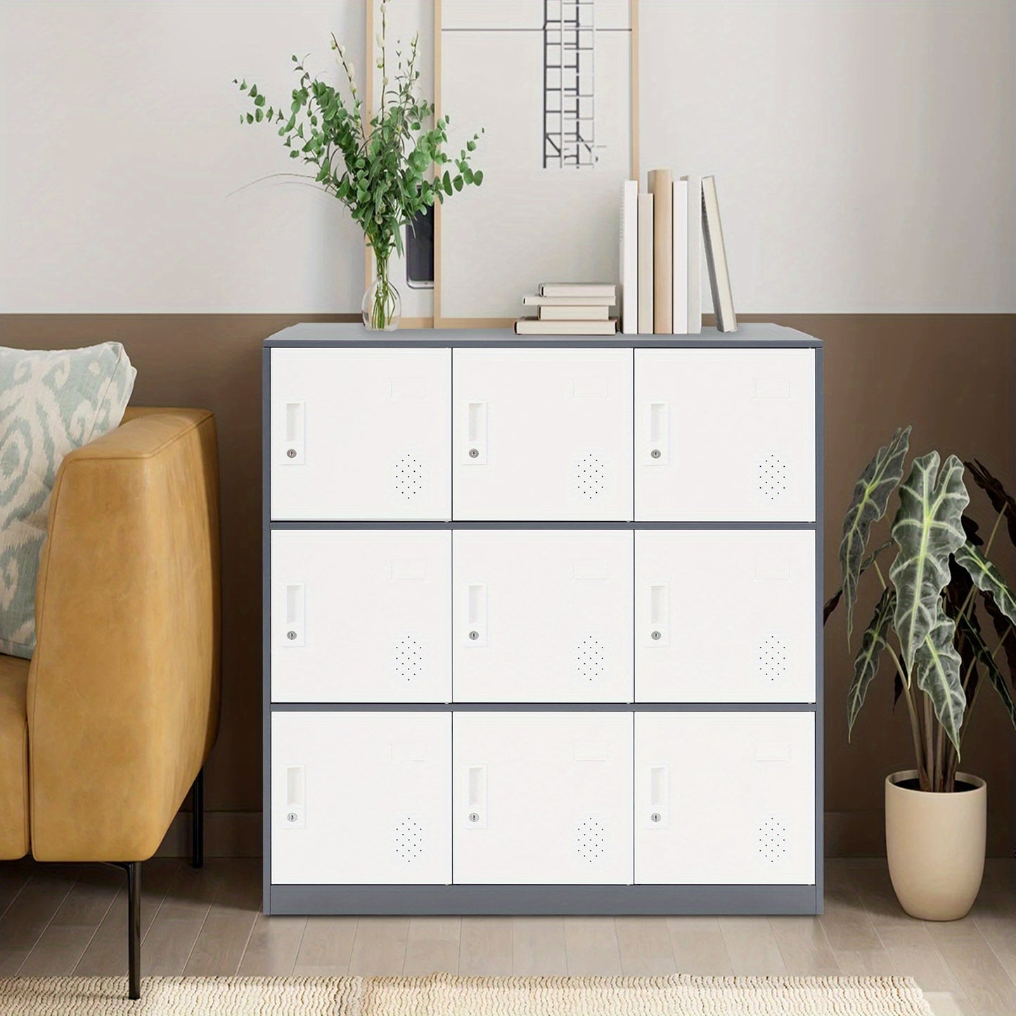9-Door Heavy-Duty Lockable Metal Storage Cabinet with Card Slots & Key Lock - Modern & Gray Contemporary Floor-Standing Office Cabinet, 9-Slot Organizer for Home Office, School, Business - Easy Assembly, No Electrical Require