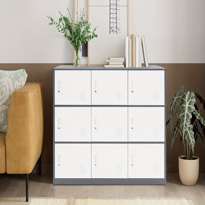 9-Door Heavy-Duty Lockable Metal Storage Cabinet with Card Slots & Key Lock - Modern & Gray Contemporary Floor-Standing Office Cabinet, 9-Slot Organizer for Home Office, School, Business - Easy Assembly, No Electrical Require