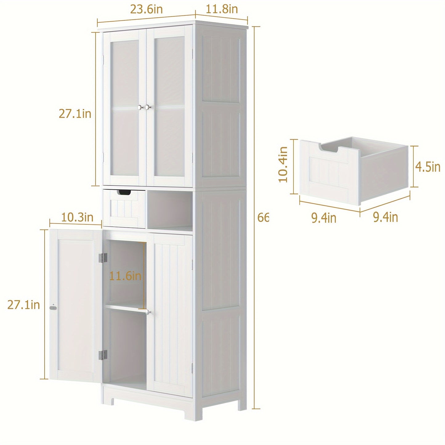 Kealive Modern Tall White Storage Cabinet with 4 Doors & 2 Drawers (Removable) - -Standing MDF/Fiberboard Bookcase Suitable, Bathroom, Living Room - Easy Assembly, Space-Saving Vertical Design