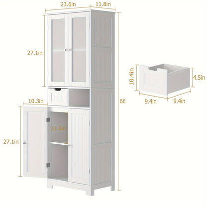 Kealive Modern Tall White Storage Cabinet with 4 Doors & 2 Drawers (Removable) - -Standing MDF/Fiberboard Bookcase Suitable, Bathroom, Living Room - Easy Assembly, Space-Saving Vertical Design