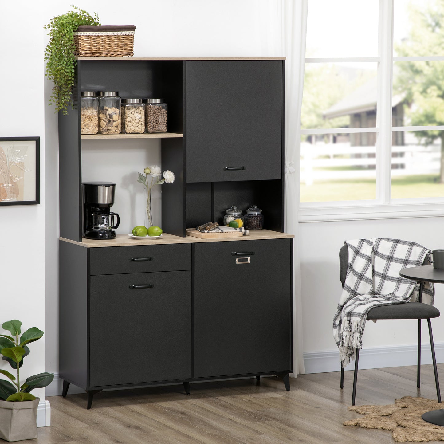 HOMCOM Kitchen Buffet Kitchen Cabinet Dining Room Buffet 3 Open Niches 3 Cupboards with Door And 1 Drawer 119 X 41 X 180 Cm Black