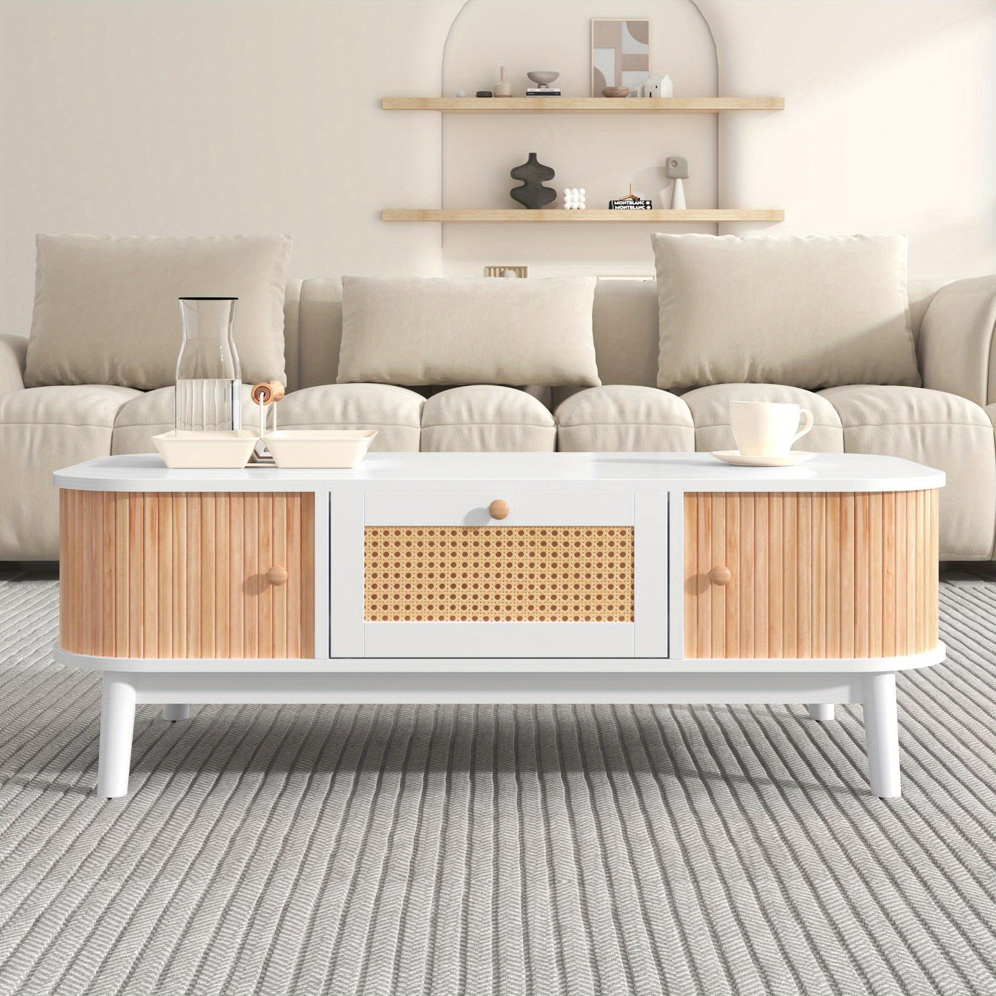 Salontafel – Koffietafel – Tafelblad – Woonkamertafel – Houten Tafel – Massief Hout Met Rattan – Schuifdeuren En Lades – 110x55x38,5 cm – Wit Met Houtkleur