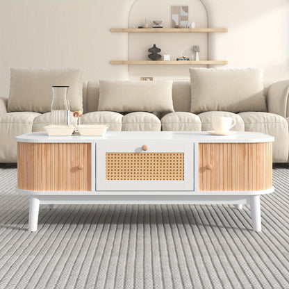 Salontafel – Koffietafel – Tafelblad – Woonkamertafel – Houten Tafel – Massief Hout Met Rattan – Schuifdeuren En Lades – 110x55x38,5 cm – Wit Met Houtkleur