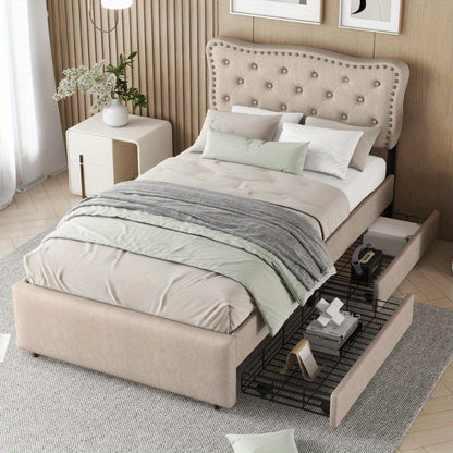 Gestoffeerd Bed – Boxspringbed – Slaapbank – Bedframe – Ledikant – 90x200 cm – Padded Hoofdbord Met Decoratieve Spijkers – Moderne Opberglades Donker Beige