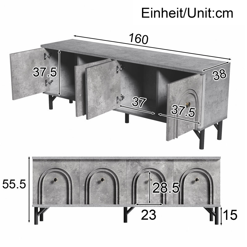 TV-meubel – Tv-kast – Mediameubel – Dressoir – 4-Deurs Kasten – Modern Grijs – 160 cm Breed – Soft-Close Deuren – Geïntegreerd Kabelmanagement