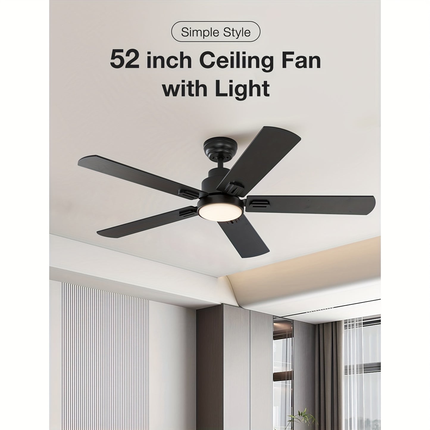 Plafondventilator – Ventilator – Plafondventilator Met Licht – Ventilator Met LED – Silent Fan – Matzwart – 132 cm – 6 Snelheden Reversibele DC Motor