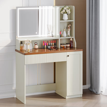 Kaptafel – Make-up Tafel – Dressing Table – Cosmeticatafel – Vanity Desk – Beige & Bruin – Ruime Opbergruimte 110 cm – Massief Hout & Glas